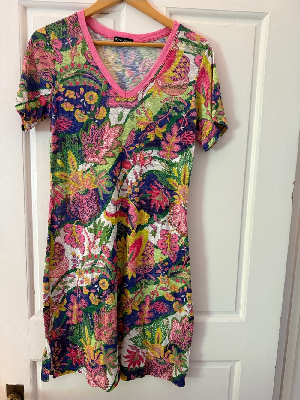 David Cline Pink-Trim Floral Knit Top with Blue and Yellow Accents large